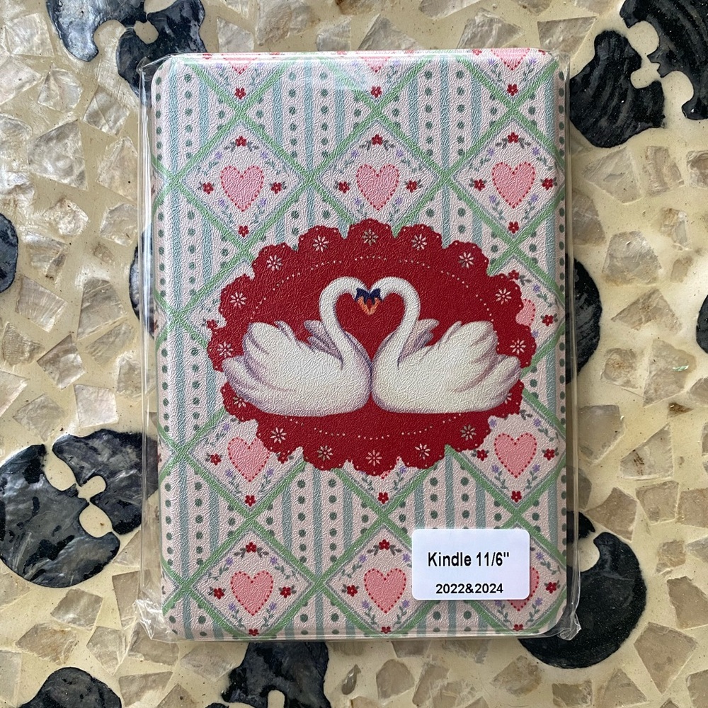 Swan Heart Pattern Kindle Cover in Red, Pink & Green
